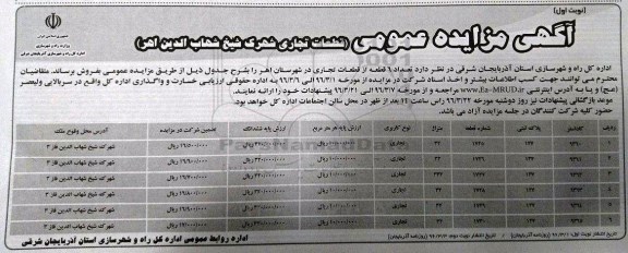 مزایده,مزایده فروش تعداد شش قطعه از قطعات تجاری