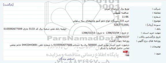 مناقصه خرید 210 دستگاه انواع تابلو کنتور.... 