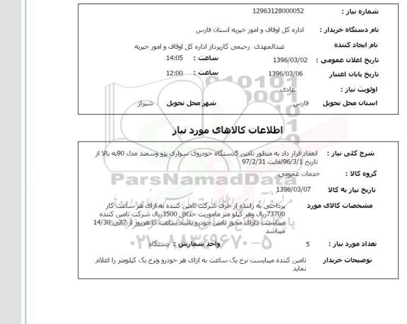 استعلام تامین 5 دستگاه خودروی سواری