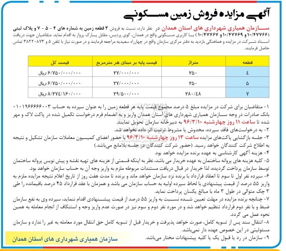 مزایده,مزایده فروش سه قطعه زمین و پلاک ثبتی
