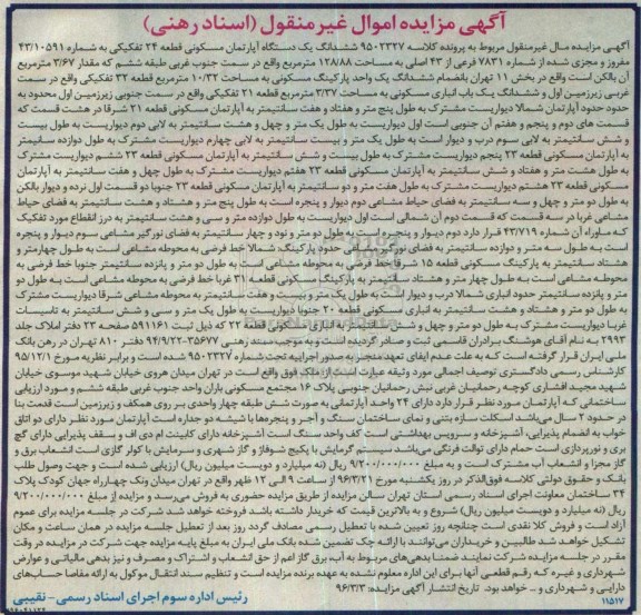 مزایده,مزایده ششدانگ اپارتمان قطعه 24 تفکیکی