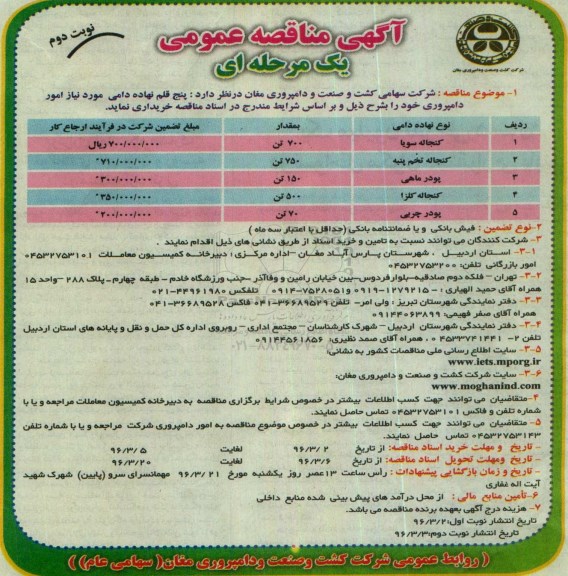 آگهی مناقصه عمومی ، مناقصه پنج قلم نهاده دامی نوبت دوم