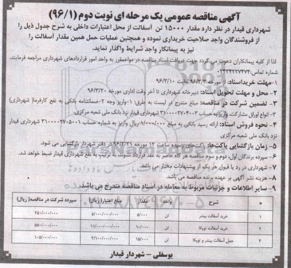 آگهی مناقصه عمومی یک مرحله ای , مناقصه مقدار 15000 تن آسفالت - نوبت دوم 