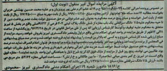 مزایده,مزایده 1.5 دانگ سرقفلی مغازه از پلاک ثبتی