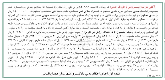 مزایده,مزایده سرویس و ظروف چینی