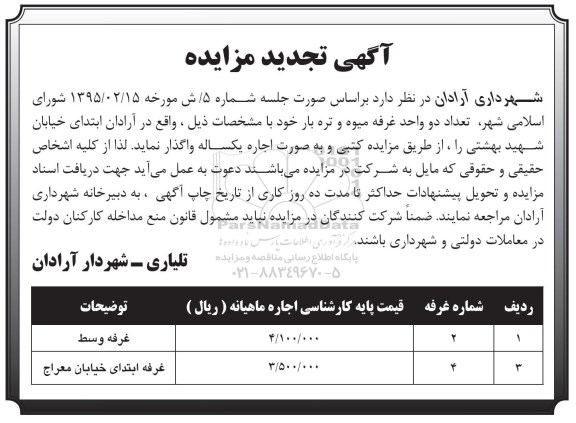 آگهی مزایده, مزایده واگذاری به صورت اجاره  تعداد دو واحد غرفه میوه و تره بار  تجدید 