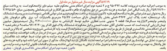 مزایده,مزایده ششدانگ یک دربند مغازه 45.67متر