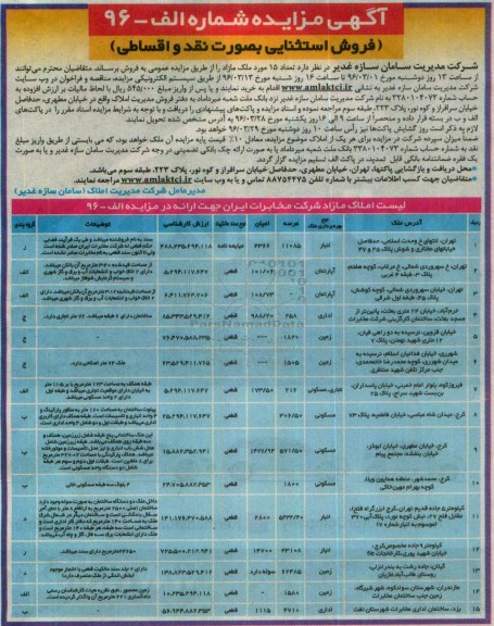 مزایده,مزایده فروش تعداد 15 مورد ملک مازاد 96.3.6