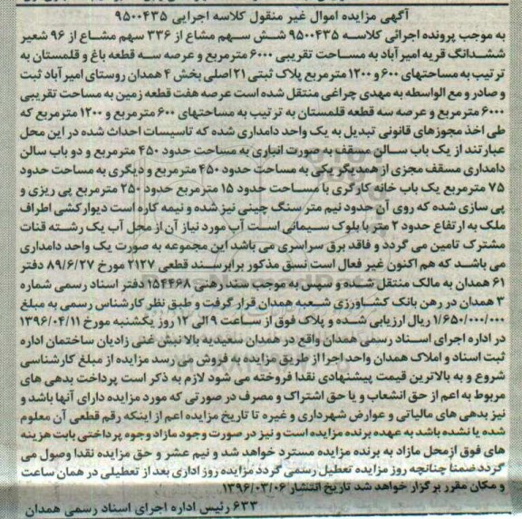 مزایده,مزایده 6 سهم مشاع از 336 سهم مشاع از 96 شعیر ششدانگ قریه امیرآباد