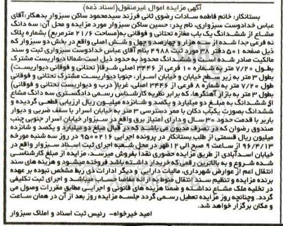 مزایده,مزایده سه دانگ مشاع از مغازه مساحت 21.6متر