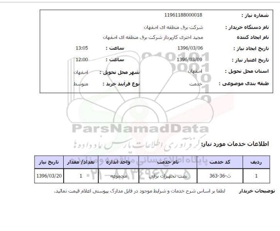 استعلام نصب تجهیزات برقی