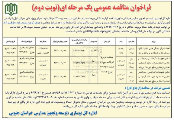 فراخوان مناقصه عمومی, مناقصه احداث مرکز فرهنگی هنری  نوبت دوم 