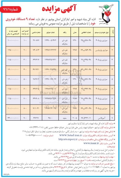 مزایده فروش تعداد 9 دستگاه خودرو