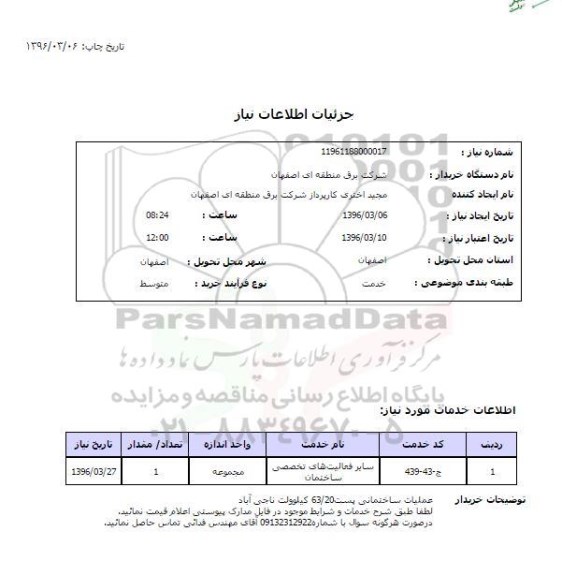 استعلام, استعلام عملیات ساختمانی پست 63/20 کیلوولت ناجی آباد