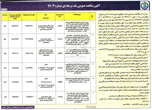آگهی مناقصه عمومی یک مرحله ای , مناقصه پروژه آبرسانی نوبت دوم 
