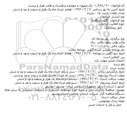 مناقصه بارگیری٬حمل و تخلیه انواع نهادهای کشاورزی از انبارهای سازمانی به سایر نقاط