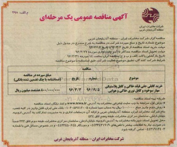 آگهی مناقصه عمومی یک مرحله ای,مناقصه خرید کابل جلی فیلد خاکی