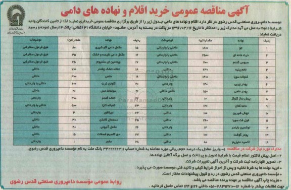 آگهی مناقصه عمومی , مناقصه خرید اقلام و نهاده های دامی