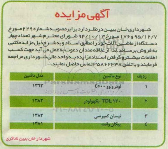آگهی مزایده کتبی , مزایده تعداد 4 دستگاه از ماشین آلات