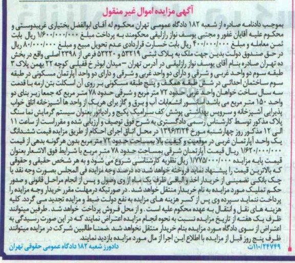 مزایده,مزایده ملک زیربنای دو واحد 150 مترمربع
