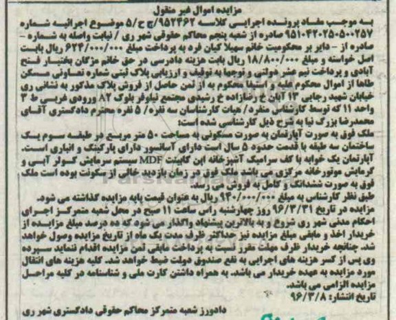 مزایده,مزایده ملک اپارتمان مسکونی مساحت 50 متر