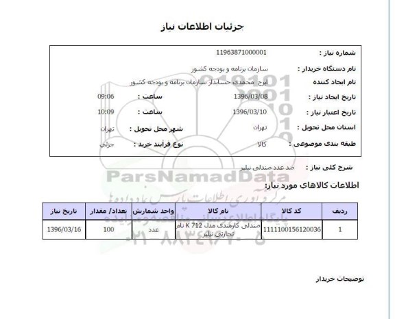 استعلام   صد عدد صندلی نیلپر 