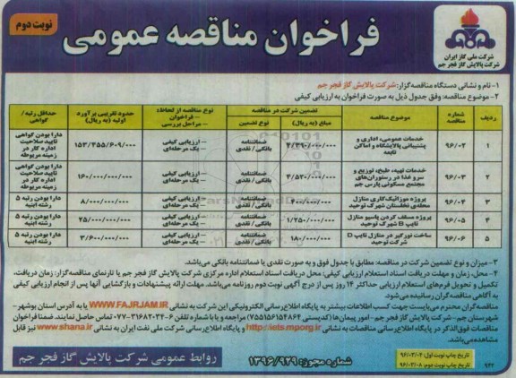 آگهی مناقصه, مناقصه خدمات عمومی، اداری و پشتیبانی پالایشگاه و اماکن تابعه -نوبت دوم