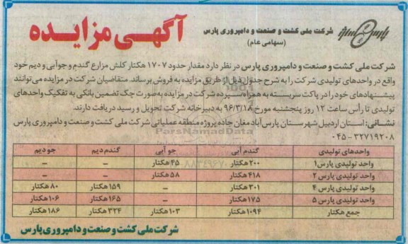 آگهی مزایده, مزایده مقدار حدود 1707 هکتار کلش مزارع گندم و جو