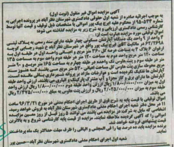 مزایده,مزایده 4 واحد از نه واحد اپارتمان مسکونی نوبت اول