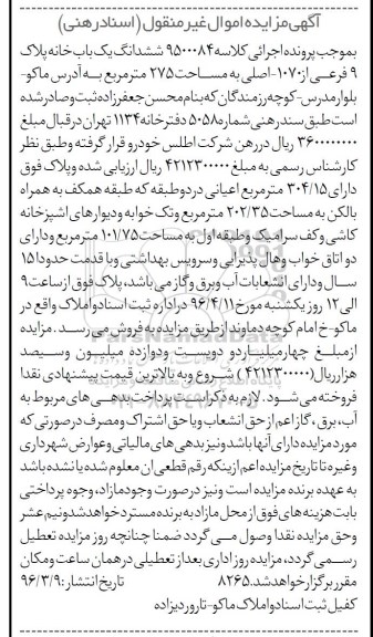 مزایده,مزایده ششدانگ یکباب خانه به مساحت 275 متر 