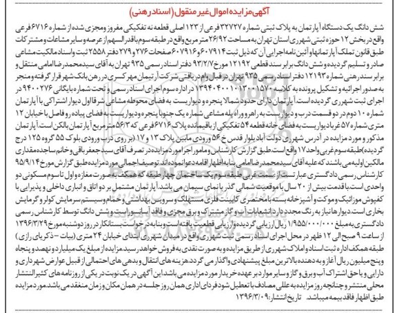مزایده,مزایده ششدانگ اپارتمان مساحت 26.92مترمربع