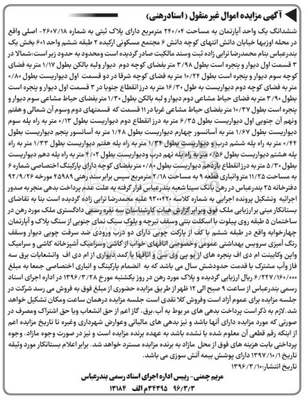 مزایده,مزایده ششدانگ اپارتمان به مساحت 240.04متر