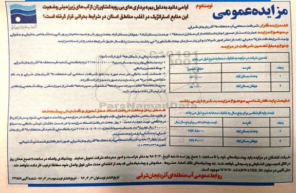 مزایده, مزایده صدور اجازه استفاده از آب مخازن سد نوبت دوم