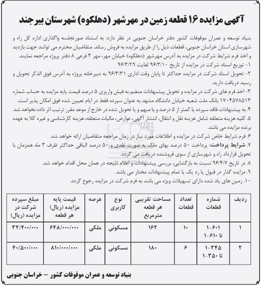 مزایده,مزایده فروش 16 قطعه زمین