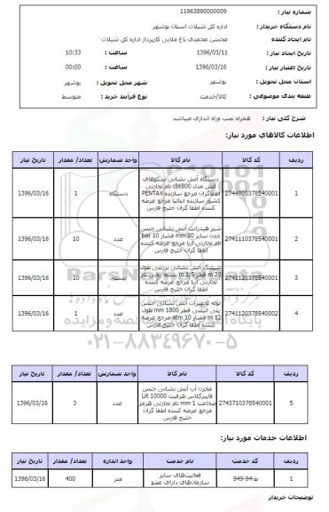 استعلام, استعلام دستگاه آتش نشانی سکوهای آتش مدل CBT800 ...