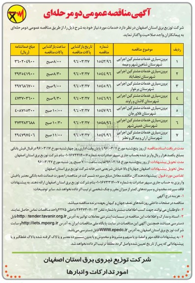 آگهی مناقصه عمومی, مناقصه برون سپاری خدمات مشترکین اجرایی ...