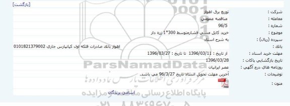 مناقصه عمومی، مناقصه خرید کابل مسی فشارمتوسط 300*1 زره دار  