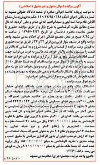 مزایده,مزایده ششدانگ ملک بخش نه مشهد