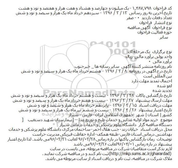مناقصه خرید مواد اولیه غذایی