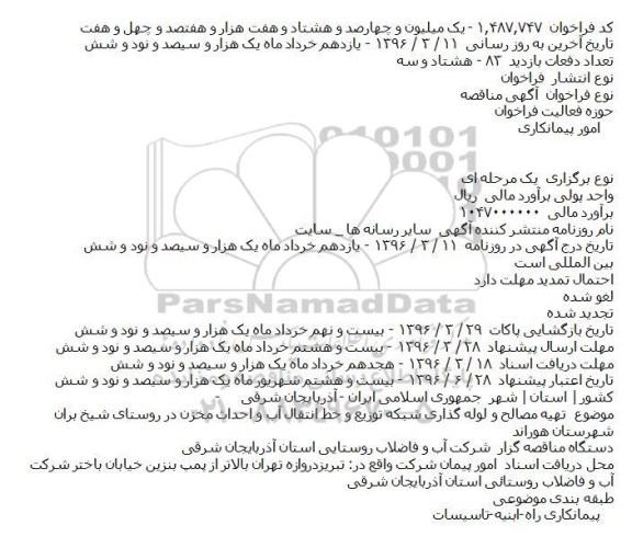 ​فراخوان مناقصه , ​فراخوان مناقصه تهیه مصالح و لوله گذاری شبکه توزیع و خط انتقال آب و احداث مخزن 