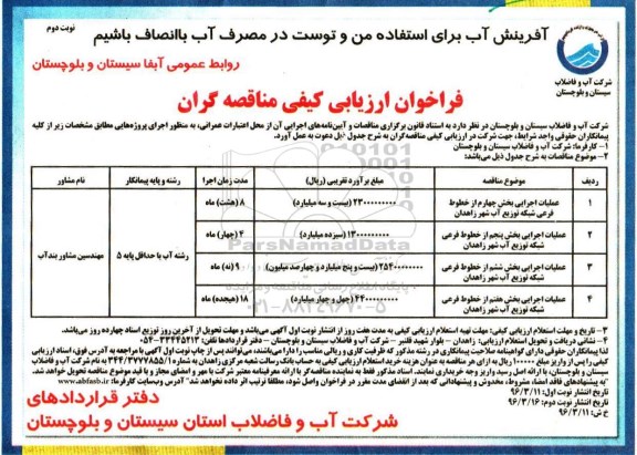 فراخوان ارزیابی کیفی مناقصه گران, مناقصه عملیات اجرایی بخش چهارم از خطوط فرعی شبکه توزیع آب نوبت دوم 
