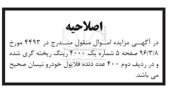 اصلاحیه , مزایده فروش 400 رینگ ریخته گری شده