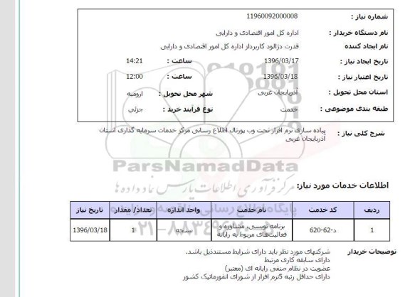 استعلام پیاده سازی نرم افزار تحت وب پورتال اطلاع رسانی مرکز خدمات سرمایه گذاران استان آذربایجان غربی