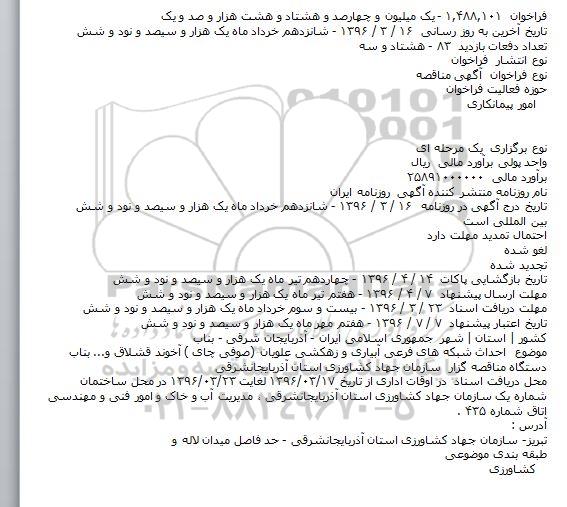 مناقصه  احداث شبکه های فرعی آبیاری و زهکشی علویان (صوفی چای )