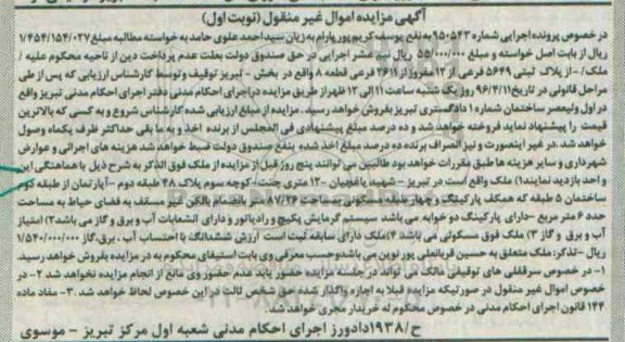 مزایده,مزایده ملک مساحت 87.26متر نوبت اول
