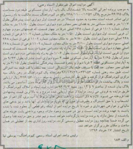 مزایده,مزایده ششدانگ اپارتمان مسکونی طبقه دوم مساحت 66.65متر