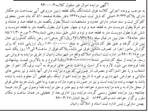 مزایده,مزایده ششدانگ زمین مزروعی مساحت دو هکتار