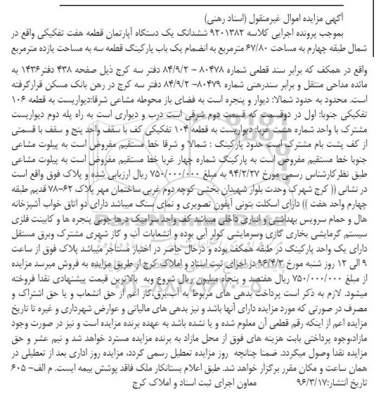 مزایده,مزایده ششدانگ اپارتمان قطعه هفت تفکیکی