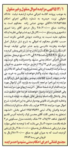 مزایده,مزایده 442.5 هزارم یک دانگ مشاع از پلاک ثبتی