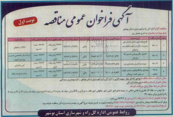 آگهی فراخوان عمومی مناقصه, فراخوان مناقصه طرح بازشماری منابع سازمان ملی زمین و مسکن....